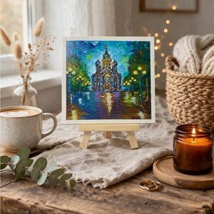 Colorful Church Art on Canvas Board (6x6) - Easel Included!